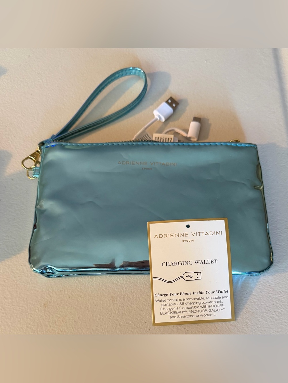Adrienne Vittadini Teal Metallic Charging Wristlet